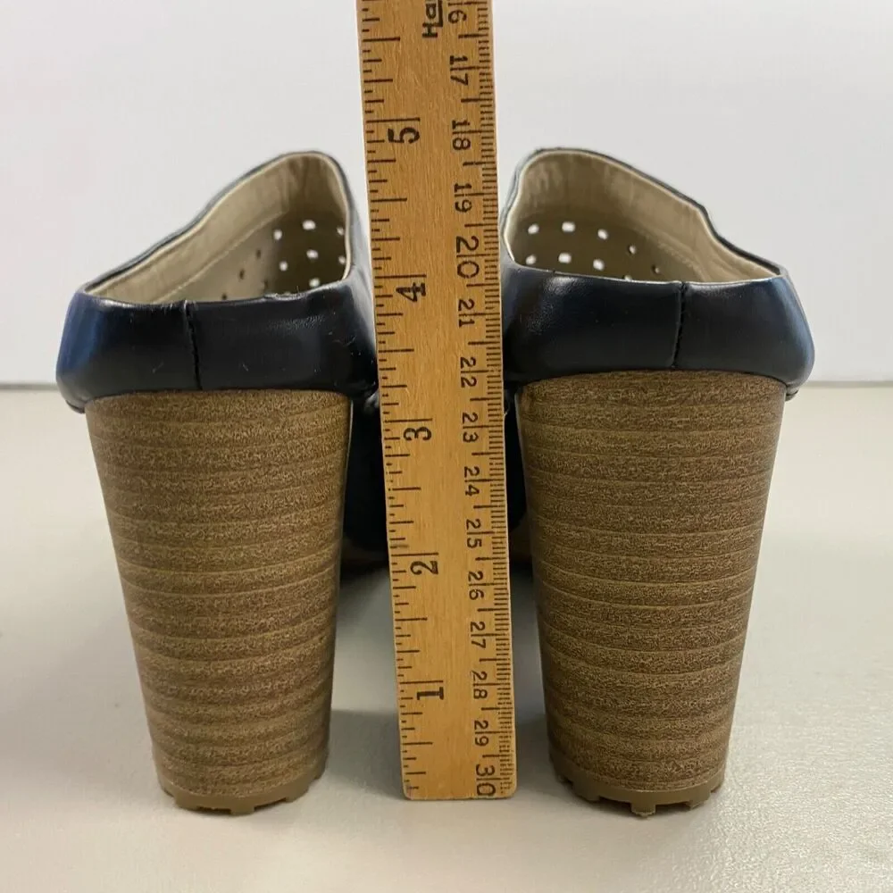 Rialto Chunky Heel Mules Womens 8.5 Black Perforated‎ Leather Sandals Retro Y2K